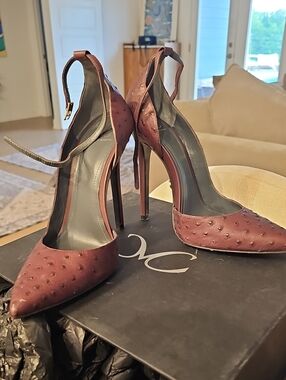 Monika Chiang Burgundy Ostrich-Textured Pointed Ankle-Strap Stilettos